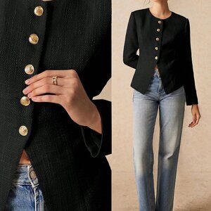 Black Elegant Women's Round Neck Split Cuff Jacket